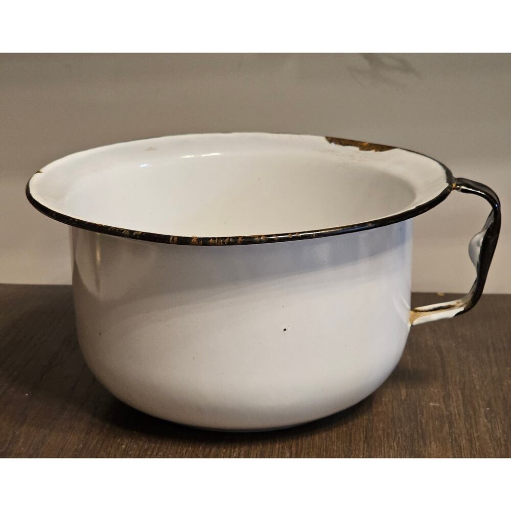 Primitive Antique Porcelain Enamelware Chamber Pot White with Black Rim & Handle